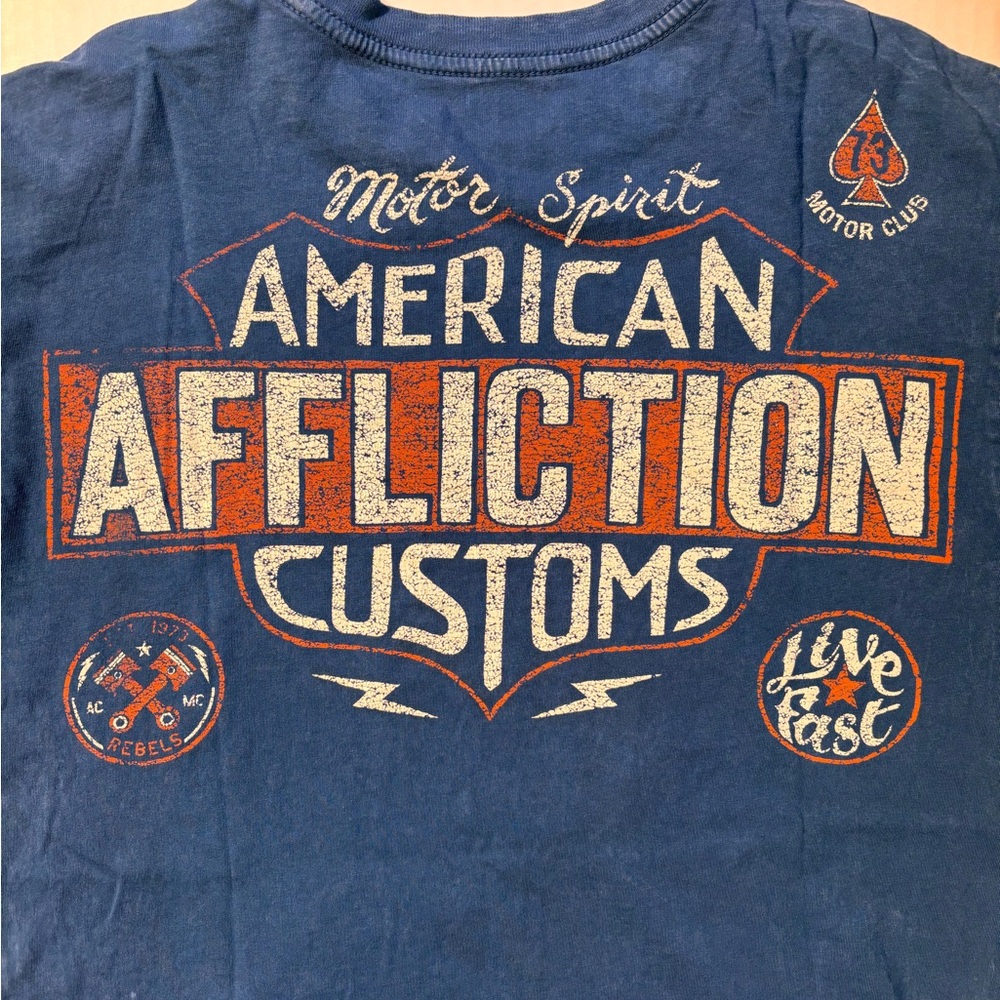 Vtg Affliction American Customs Indian Skull Choppers Y2K Blue Men’s Tshirt Sz M - Picture 8 of 8